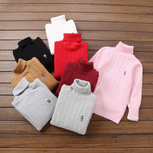 男童高领纯棉白色打底衫儿童毛衣女童加绒套头针织衫宝宝弹力线衫