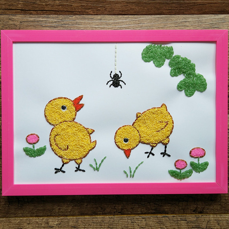 幼儿园手工制作益智玩具 diy材料包 创意豆子画小鸡吃虫半成品a4