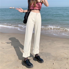 Real price rice white high waist pants straight tube wide leg pants student jeans pants women's fashion summer