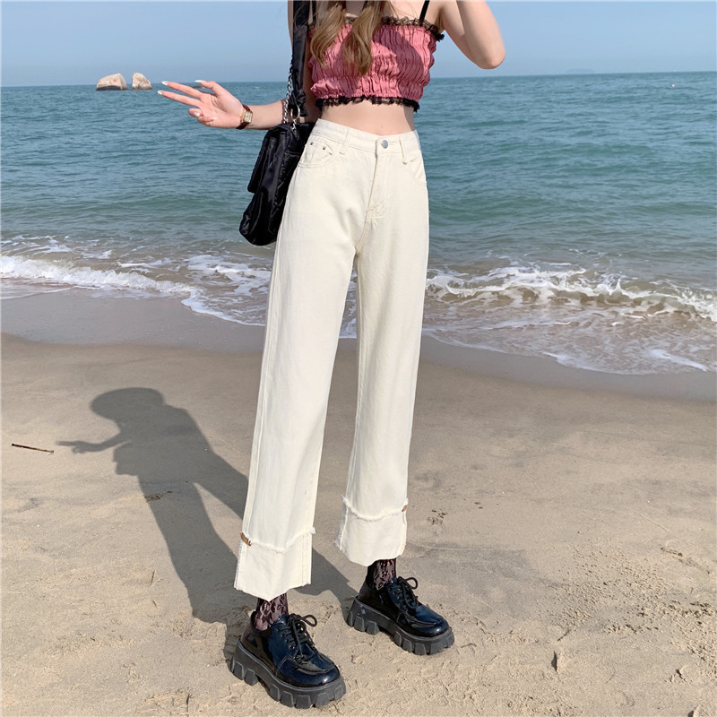 Real price rice white high waist pants straight tube wide leg pants student jeans pants women's fashion summer