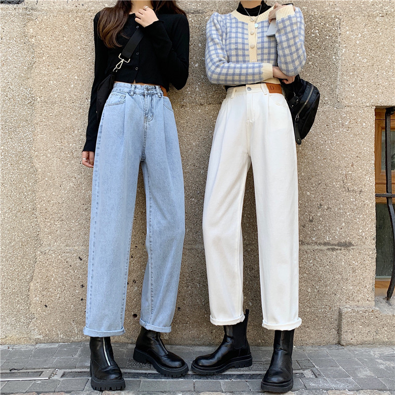 Real shot smart leather label shows thin and loose high waist jeans light color Harem Pants radish straight tube