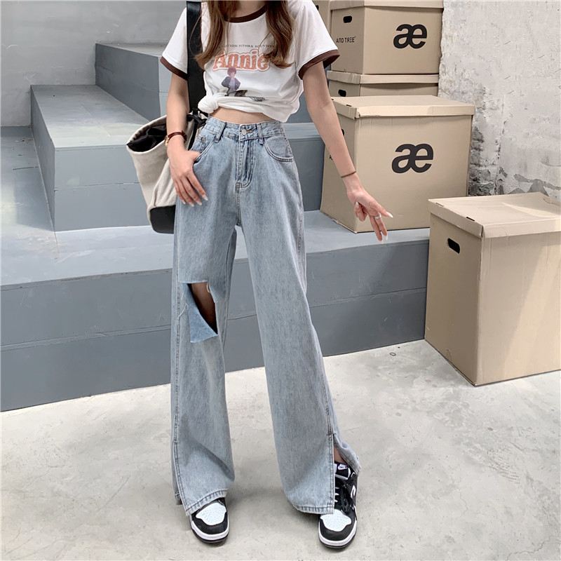 Real price high waist light color straight tube wide leg beggars' gradually perforated jeans