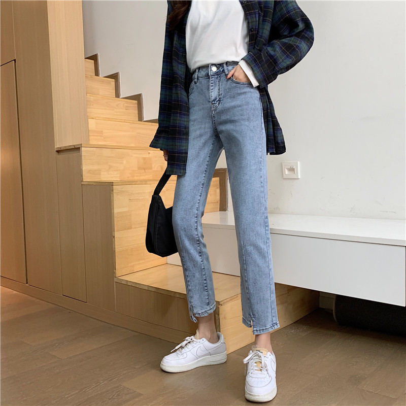 Real shot real price stretch jeans student's 9-point high waist slim straight tube pants pipe pants