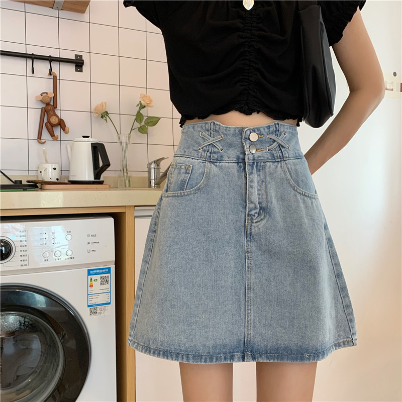 Real price denim skirt Korean high waist wash versatile denim skirt A-line skirt