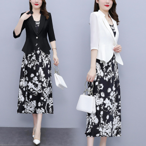 RM19101#胖mm时尚小西服套装2023年秋季大码女装新款碎花无袖宽松吊带裙潮
