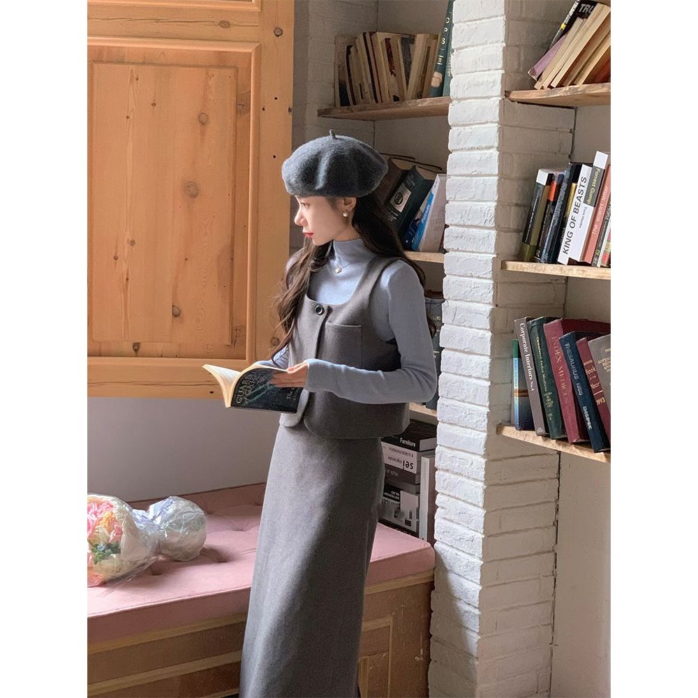 欧尼套装~新款冬季毛呢韩系马甲半裙打底衫气质淑女百搭三件套