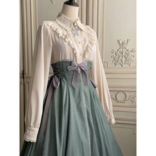 蝴蝶结收腰草木绿长裙套装 秘境丛林 复古优雅重工蕾丝生成色衬衫