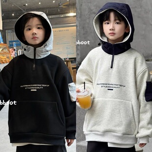 波拉韩国童装男女童连帽卫衣25冬季新款洋气套头衫加厚一体绒外套