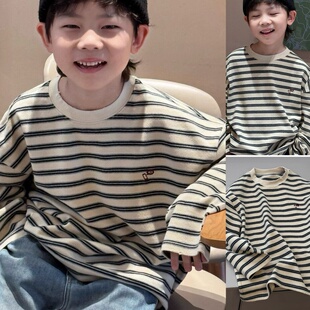 听集正版波拉韩国儿童装长袖T恤26春季男女童韩版宽松条纹打底衫