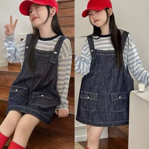 波拉韩国童装女童长袖t防晒衣牛仔连衣裙26春夏款儿童背带裙套装