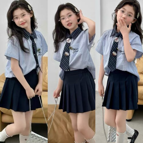 Wooso吾束波拉韩国童装26夏季新款女童短袖条纹衬衫百褶半裙套装