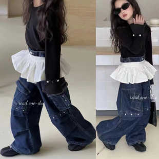 波拉韩国童装女童牛仔裤2025春秋季新款儿童宽松直筒裤中大童长裤