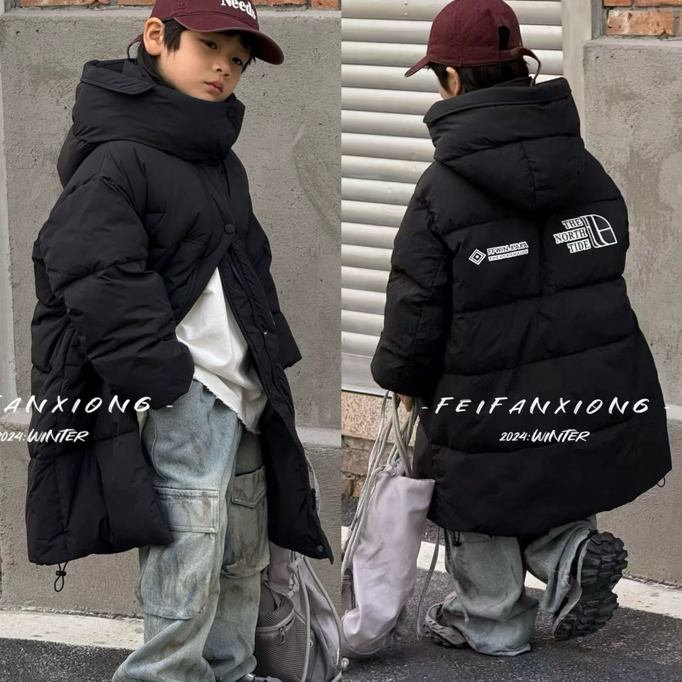 潮牌童装儿童羽绒服冬款90白鸭绒男女童连帽外套中长款羽绒服