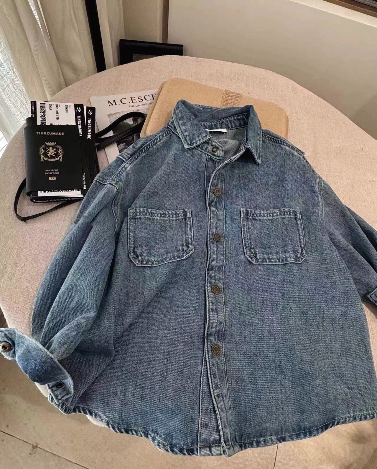 波拉韩国童装儿童牛仔衬衫春秋季新款中大童衬衣男女童宽松外套潮