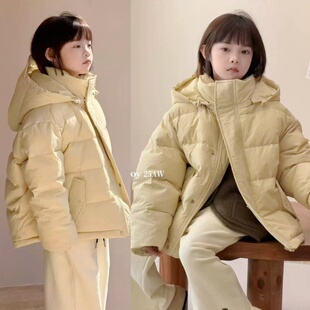 听集正版韩国儿童装羽绒服冬款男女童加厚连帽外套90白鸭绒面包服
