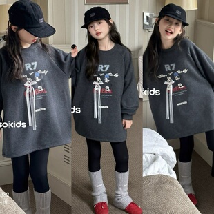 波拉韩国儿童装加绒长袖T恤秋冬款女童韩版中长款加厚磨毛打底衫