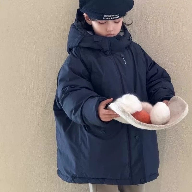波拉韩国童装儿童羽绒服冬款男女童加厚连帽外套90白鸭绒面包服