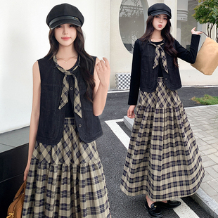 时尚休闲圆领牛仔马甲格子半身裙两件套2026女春季新款套装裙