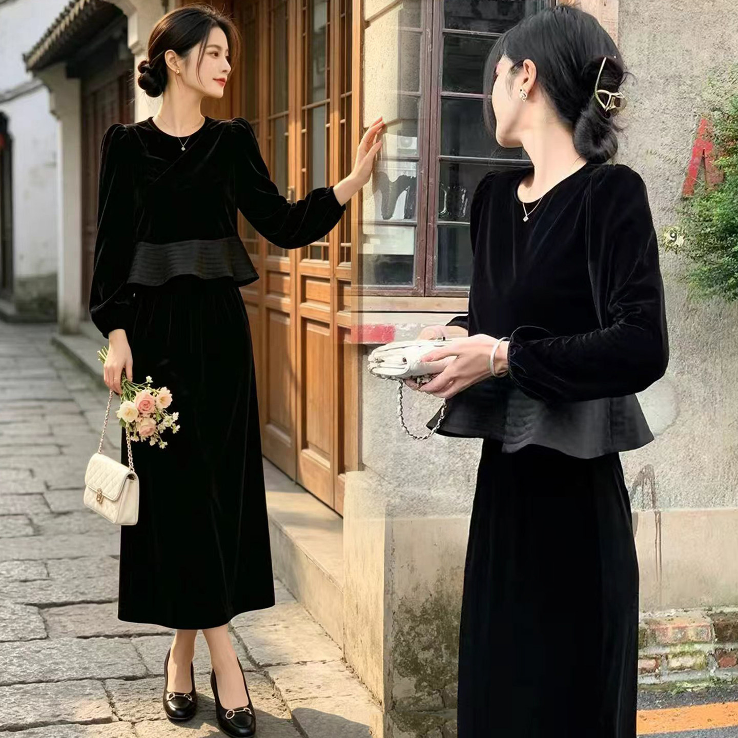 秋季女气质圆领长袖黑丝绒套装裙
