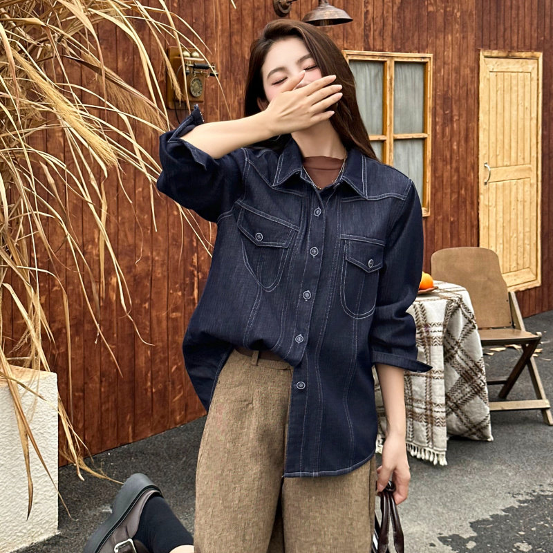 加绒牛仔衬衫深蓝色中长款一体绒