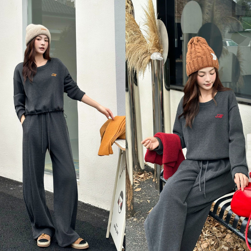超短款落肩袖圆领加绒卫衣松紧腰阔腿裤两件套2025女冬季休闲套装,女装/女士精品,时尚套装,淘宝优惠券,粉丝福利购,淘宝优惠卷