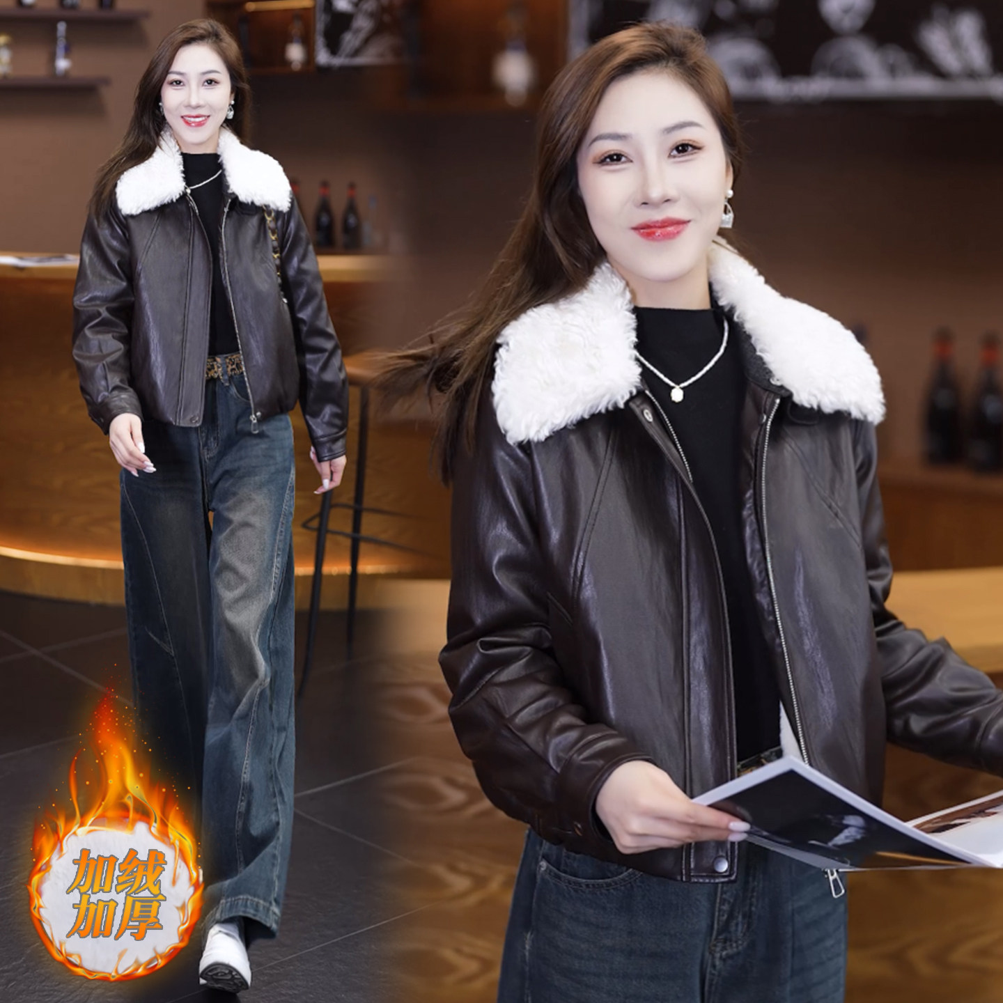 可拆卸毛领短款加绒翻领皮衣加厚小棉衣2025女冬季新款PU皮外套,女装/女士精品,皮衣,淘宝优惠券,粉丝福利购,淘宝优惠卷