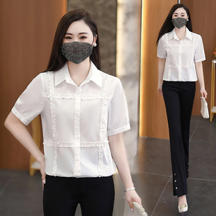 木耳花边拼接短袖衬衫下摆松紧收口显瘦遮肚子衬衣女2026夏季新款