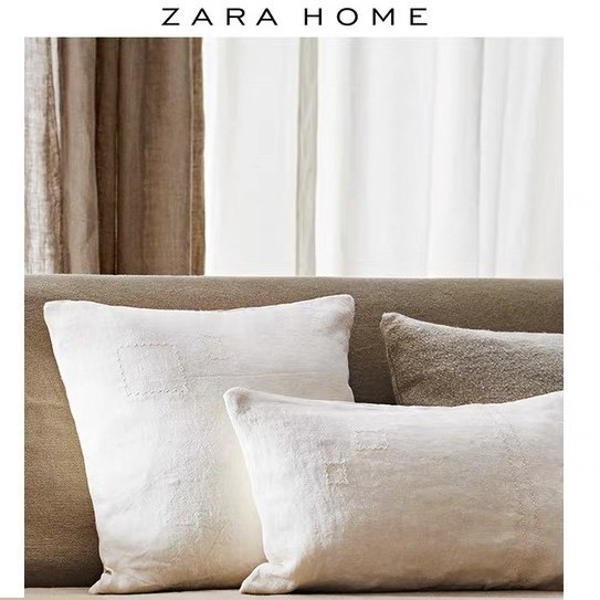 ZaraHome纯亚麻米色刺绣细节抱枕套ins风装饰枕套靠垫套不含芯