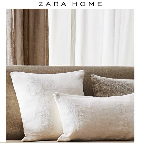 ZaraHome纯亚麻米色刺绣细节抱枕套ins风装饰枕套靠垫套不含芯