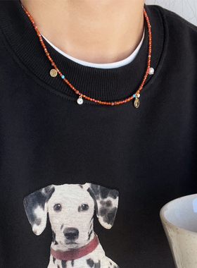 精致绝美闪亮橙红锆石天然淡水珍珠女王金币小众设计手工串珠项链