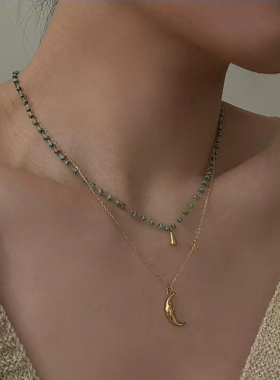 OPs春夏度假风复古油画色调蓝绿松石米珠串珠水滴锁骨链星月项链