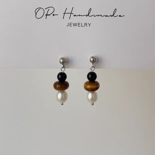 OPs设计感中古风天然黑玛瑙美拉德虎眼石淡水珍珠纯银耳环/耳夹
