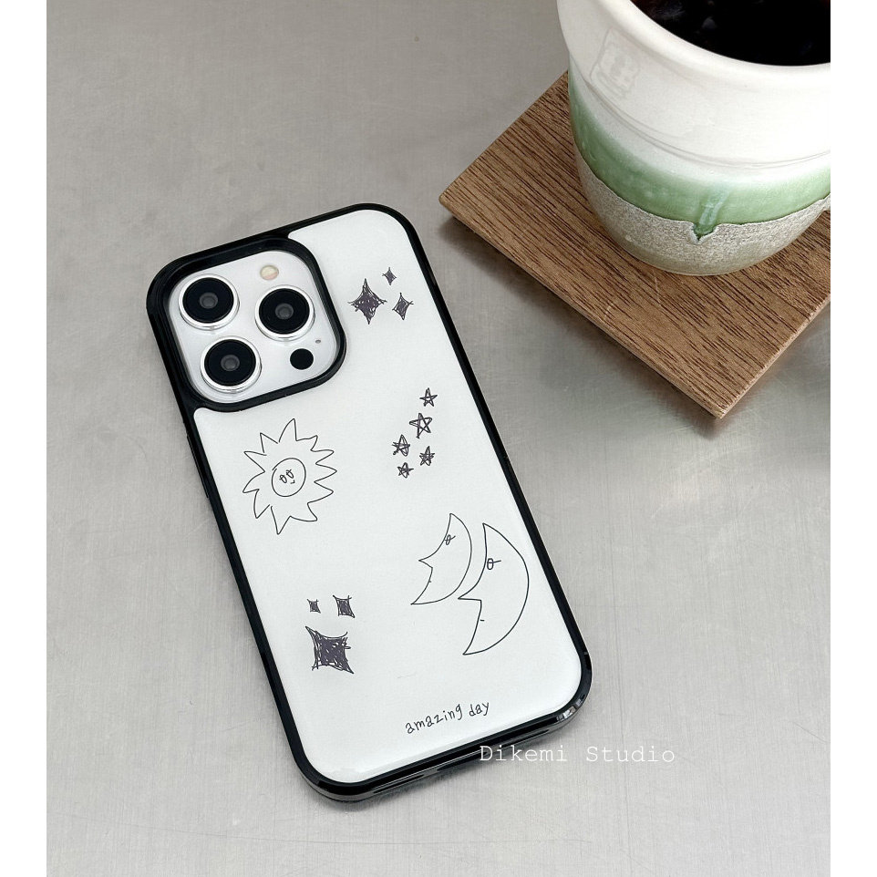 韩国ins小众简约手绘插画月亮星星黑边软壳适用iphone15promax/14promax苹果13/12/11全包16pro手机保护套