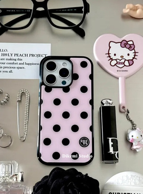 韩国ins小众博主同款少女心可爱古早粉色波点黑边壳适用iphone16promax/15pro苹果17/12/13/14pro手机保护套