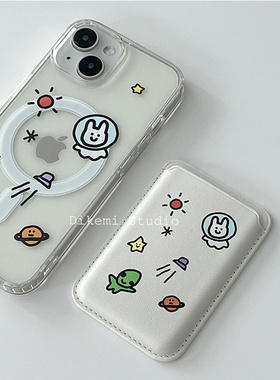 韩国ins小众可爱兔子宇航员magsafe17磁吸手机壳皮质卡包适用于iPhone16promax/15promax苹果13/12手机保护套