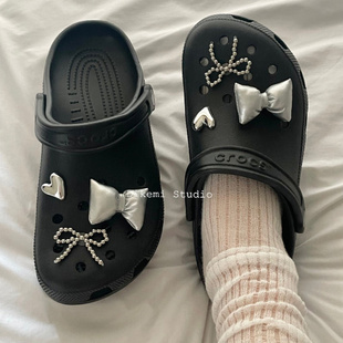 時髦串珠蝴蝶結(jié)適配Crocs洞洞鞋 韓系ins小眾Y2K個性 扣掛件DIY配飾
