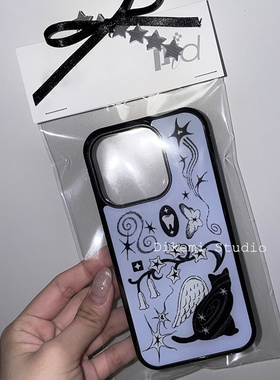韩国ins小众个性插画梦的碎片天使黑猫17黑边软壳适用iphone15promax/16pro苹果13/12/11全包14pro手机保护套