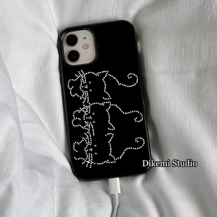 11全包14pro防摔XR手机保护套 韩国ins甜酷钻石猫咪印花黑边软壳适用iphone16promax 15pro苹果17promax