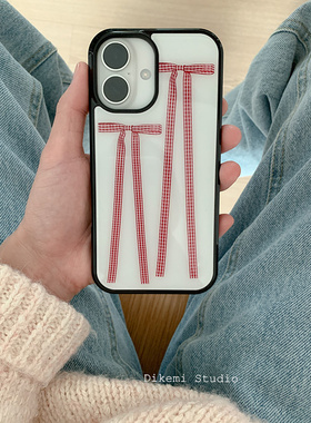 韩国ins小众博主同款简约少女心红色格子蝴蝶结黑边软壳适用iphone16promax苹果15pro/13/14/12手机保护套