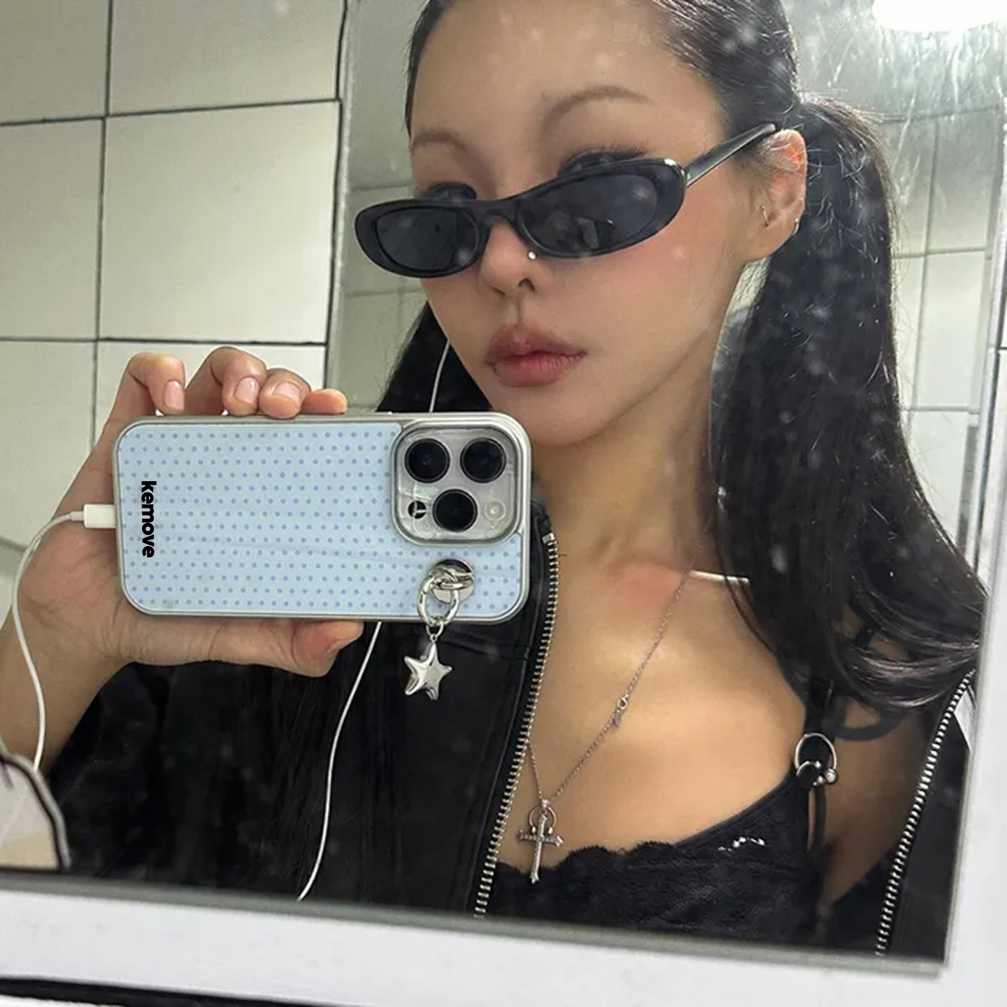 Y2K欧尼同款蓝波点银边手机壳