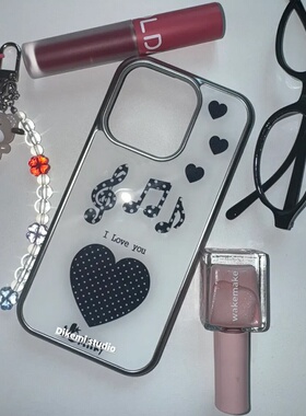 韩国ins小众个性甜酷辣妹黑色波点爱心音符银边壳适用iphone16promax苹果15promax/13/12/14pro手机保护套