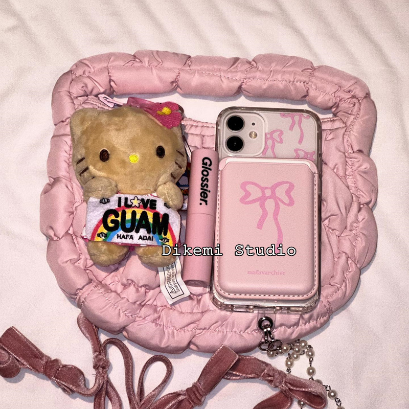 韩国ins小众设计法式粉色蝴蝶结17pro磁吸手机壳皮质卡包适用于iPhone16pro/15promax苹果14/13/12手机保护套