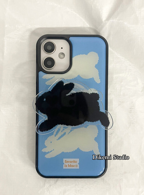 韩国ins小众甜酷法式复古黑边蓝色兔子支架适用iphone15promax/16pro苹果17/13全包边14软11保护套