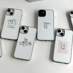 韩国ins小众Y2K简约韩文插画17电镀银边壳适用iphone16promax苹果15promax/13/12/13全包17pro手机保护套