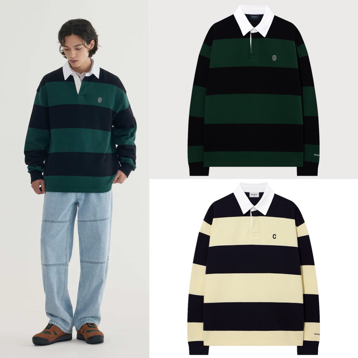 经典条纹圆领长袖套头翻领衫