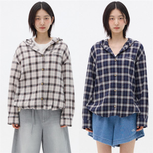 OIOI2025春夏新款 女 休閑簡約寬松百搭logo連帽格紋單排扣襯衫 韓版
