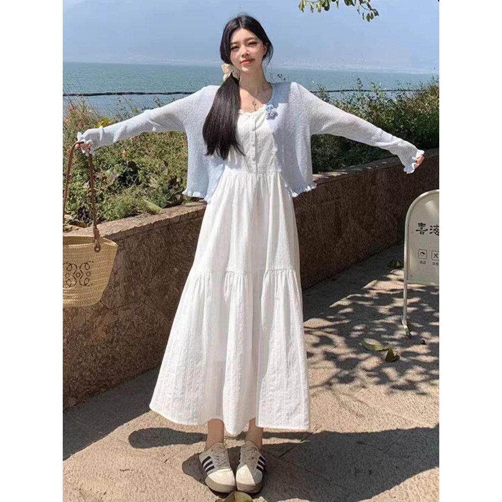 白色吊带连衣裙长裙冰丝针织开衫两件套装女2025春新款温柔风套裙