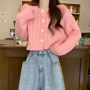 粉色截短毛衣外套女秋冬内搭短款打底针织开衫东莞大朗义乌小上衣