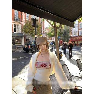 白色高级感气质套装女冬季辣妹风抹胸上衣长袖针织开衫外套两件套