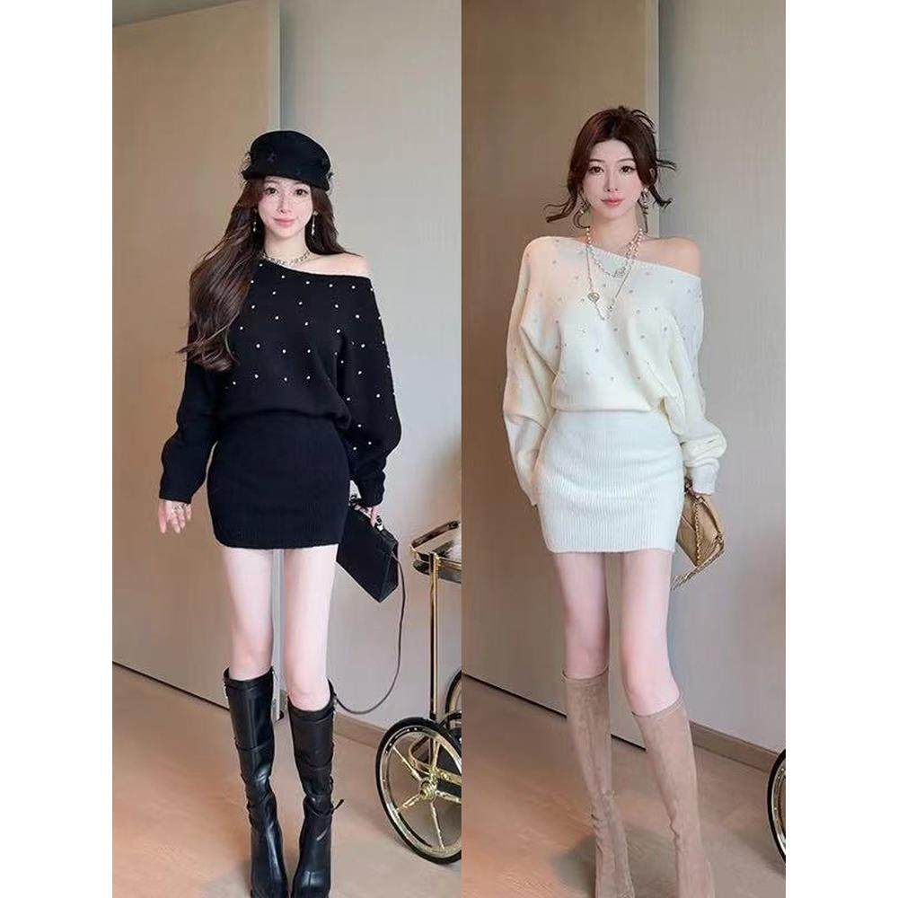 小香风烫钻针织连衣裙女秋冬纯欲性感一字肩包臀裙蝙蝠袖毛衣裙子